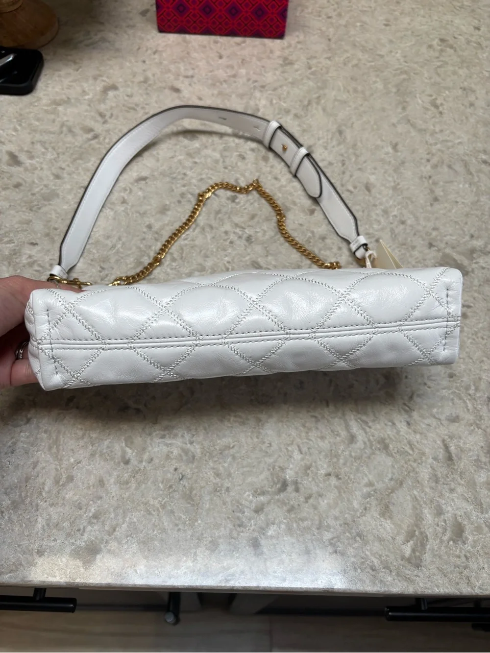 Tory Burch Quilted White Leather Crossbody with Gold Chain Willa